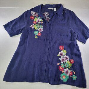 Soft Surroundings Women Purple Embroidered Floral Button-Down Shirt Top Size M